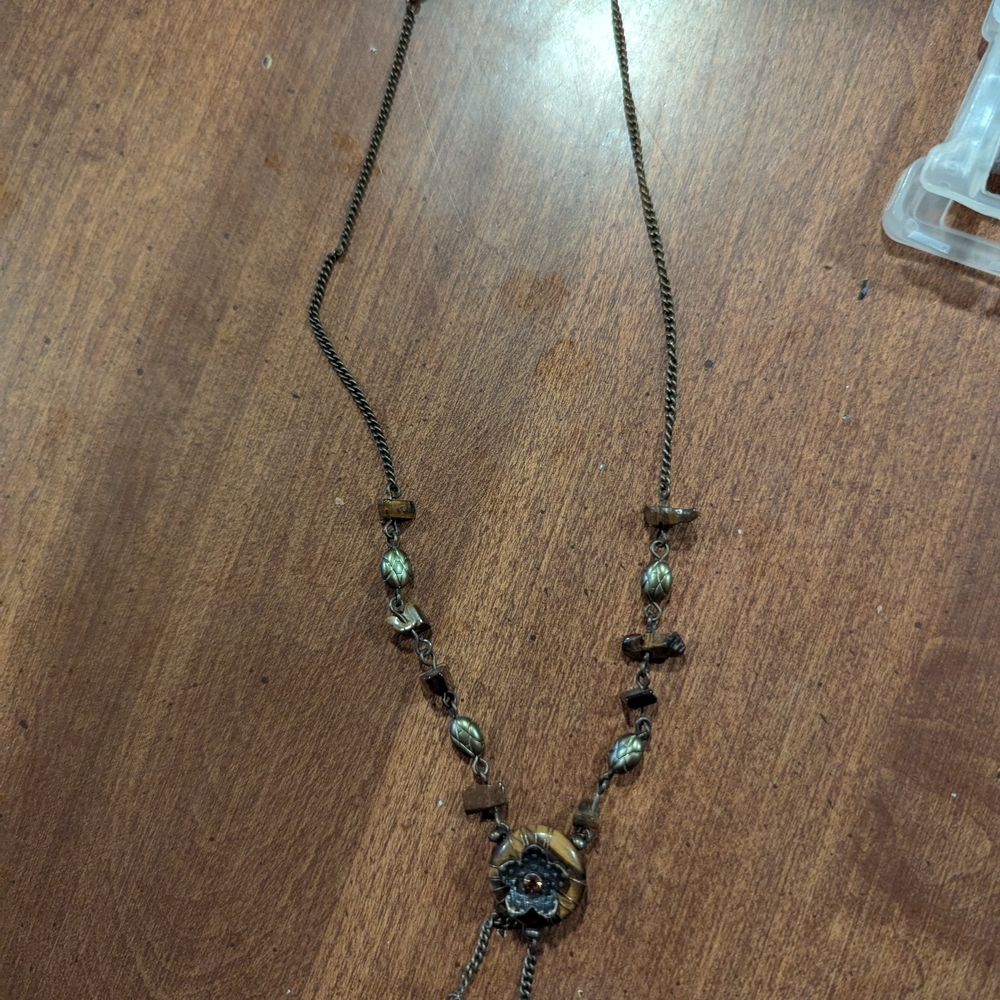 Vintage Brass & Tiger's Eye Flower Lariat‎ Necklace 15.5" By Nancy and Rise